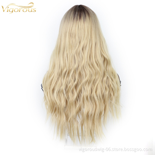 High Quality Wig Good  Private Label Cheap Wholesale Price Natural Wave Ombre Blonde Hair Synthetic Hair Wig With Lace